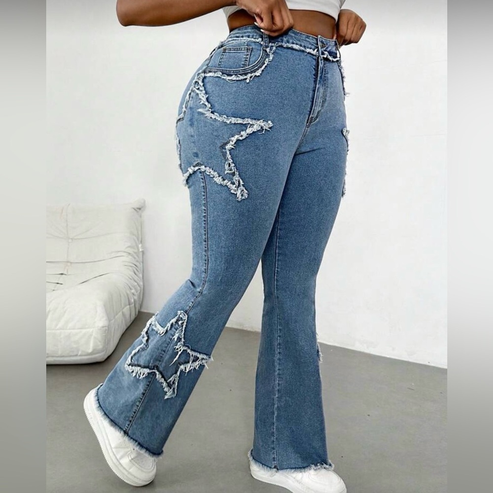 Plus Size Blue Denim Casual Skinny Flare Jeans - Picture 4 of 6